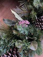 Load image into Gallery viewer, 30” Oversized Pre-Lit Wreath w/ Pinecones and Mixed Greenery