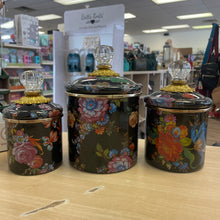 Load image into Gallery viewer, MacKenzie-Childs Set of 3 Black Wildflower Enamel Canisters (Mini, Demi &amp; Small)
