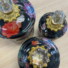 Load image into Gallery viewer, MacKenzie-Childs Set of 3 Black Wildflower Enamel Canisters (Mini, Demi &amp; Small)