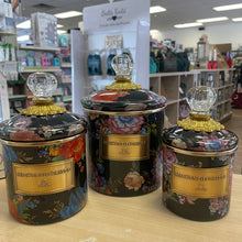 Load image into Gallery viewer, MacKenzie-Childs Set of 3 Black Wildflower Enamel Canisters (Mini, Demi &amp; Small)