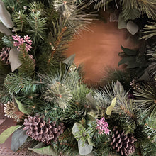 Load image into Gallery viewer, 30” Oversized Pre-Lit Wreath w/ Pinecones and Mixed Greenery