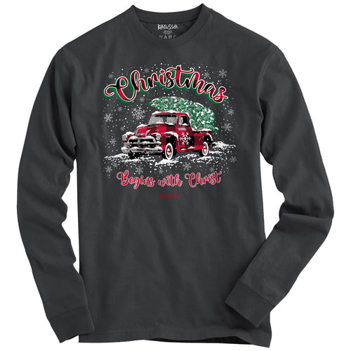 “Christmas Begins with Christ” Red Truck Long-Sleeve T-Shirt