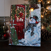 Load image into Gallery viewer, Front Porch Snowman 6x8 Lighted Tabletop Canvas Picture