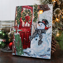 Load image into Gallery viewer, Front Porch Snowman 6x8 Lighted Tabletop Canvas Picture
