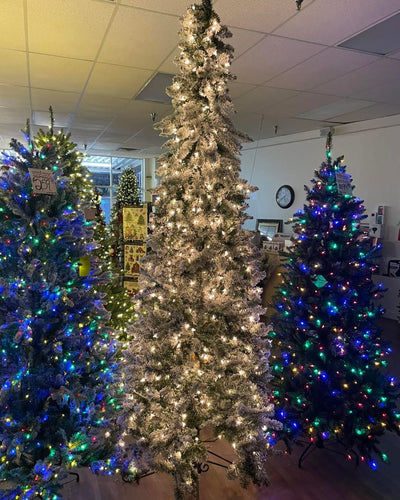 Bethlehem Lights 9’ Flocked Slim Downswept Tree w/ Clear Incandescent Lights & Decorator Stand