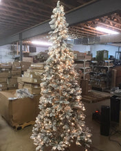 Load image into Gallery viewer, Bethlehem Lights 9’ Flocked Slim Downswept Tree w/ Clear Incandescent Lights &amp; Decorator Stand