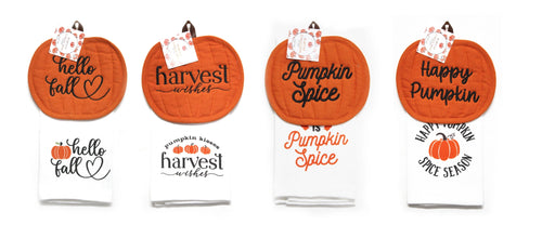 Set of 2 Fall Pumpkin Pot Holder & Kitchen Towel