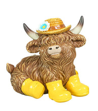 Load image into Gallery viewer, Highland Cow Spring Blooming Figurine w/ Rain Boots