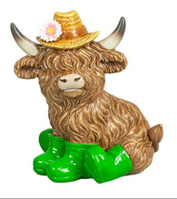 Load image into Gallery viewer, Highland Cow Spring Blooming Figurine w/ Rain Boots