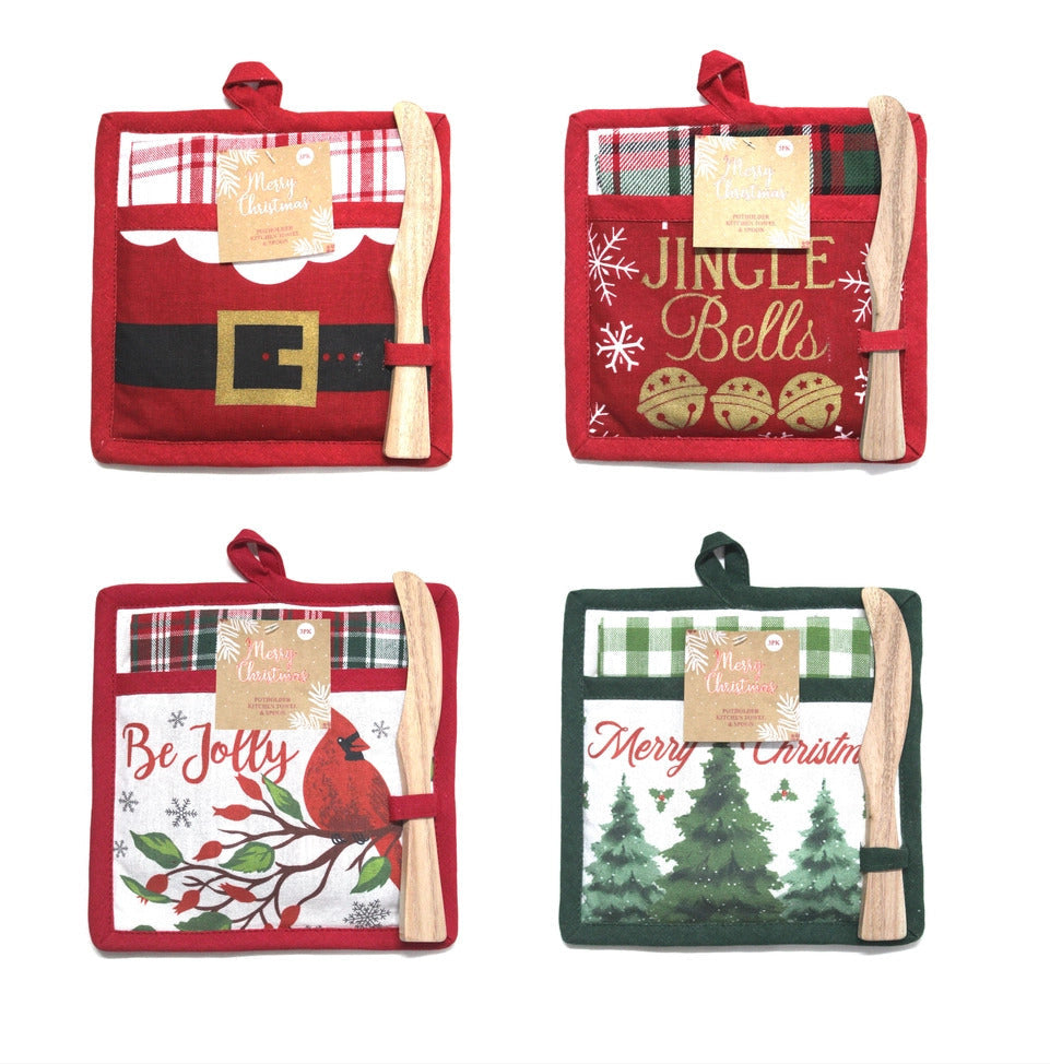 Christmas 3-Piece Potholder, Kitchen Towel & Mixing Stick Set