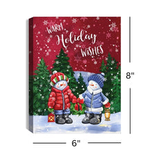 Load image into Gallery viewer, Holiday Wishes Snowmen 6x8 Lighted Tabletop Canvas Picture