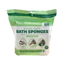 Load image into Gallery viewer, Scrubzz 25-Count Rinse-Free Soap &amp; Shampoo Infused Bath Sponges