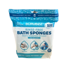 Load image into Gallery viewer, Scrubzz 25-Count Rinse-Free Soap &amp; Shampoo Infused Bath Sponges