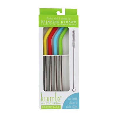 Krumbs Kitchen 4-Pack Stainless Steel Drinking Straws + Cleaning Brush
